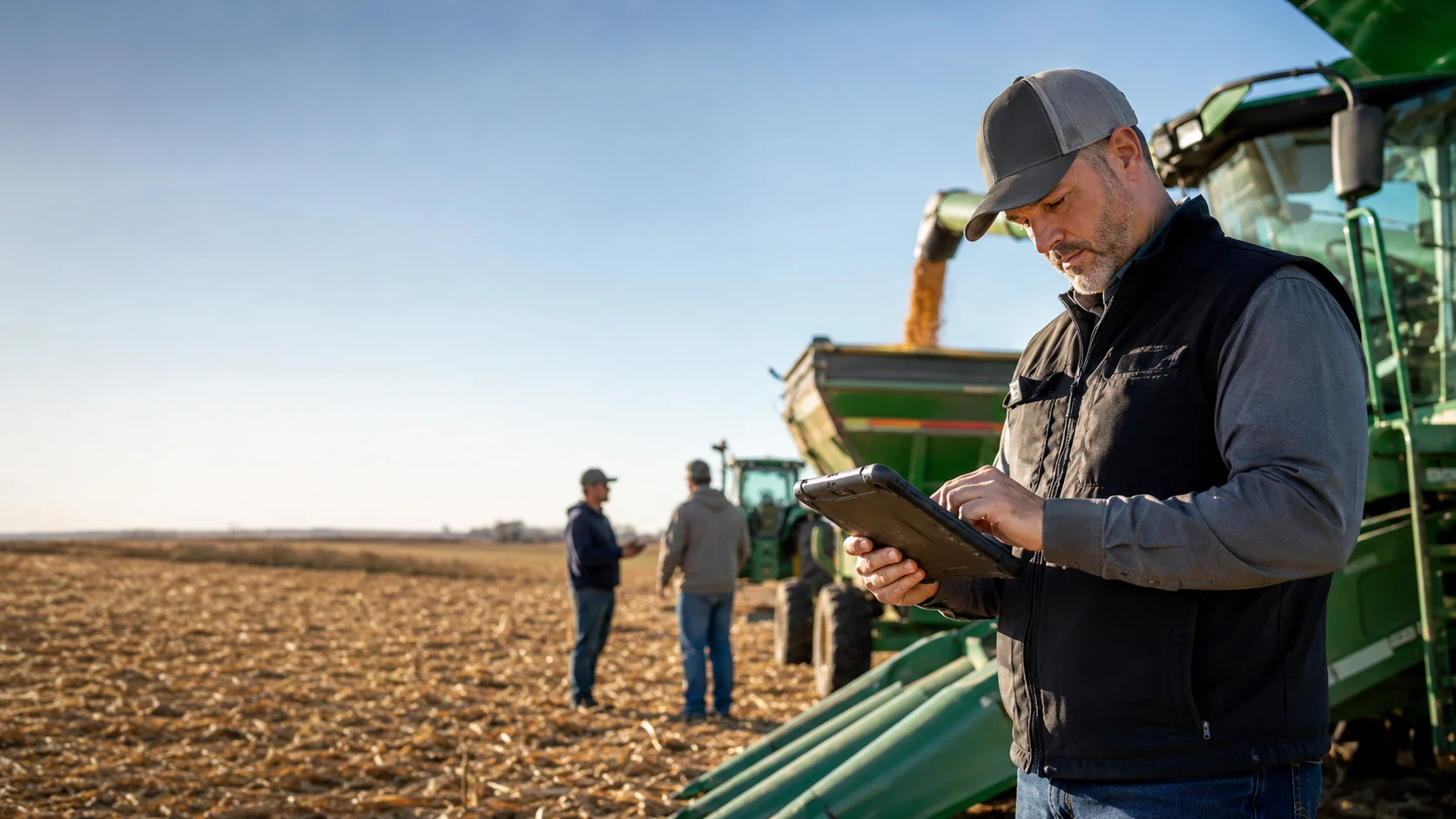 Agricultural operations manager coordinating workers and equipment during an active harvest.