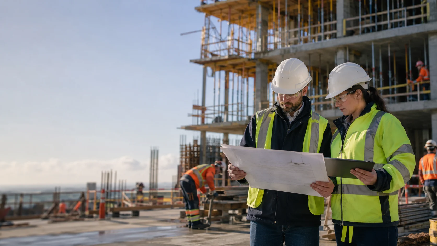 Construction managers reviewing plans and safety requirements at an active commercial building site.