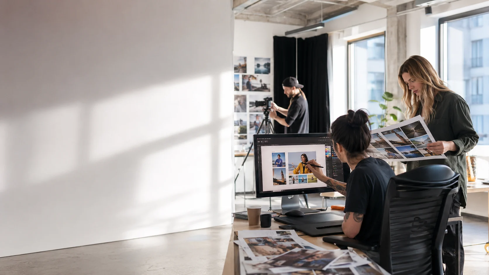 Creative agency team producing campaign photography and reviewing visual design work in their studio.