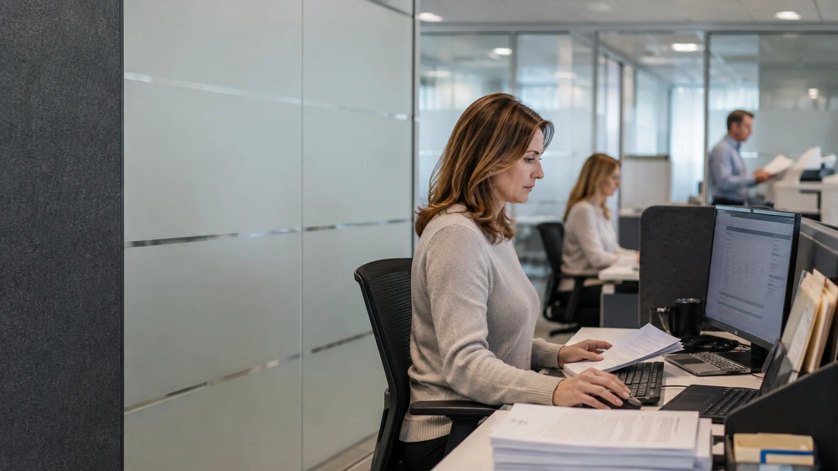 Financial services operations professional managing secure records in a regulated commercial office.