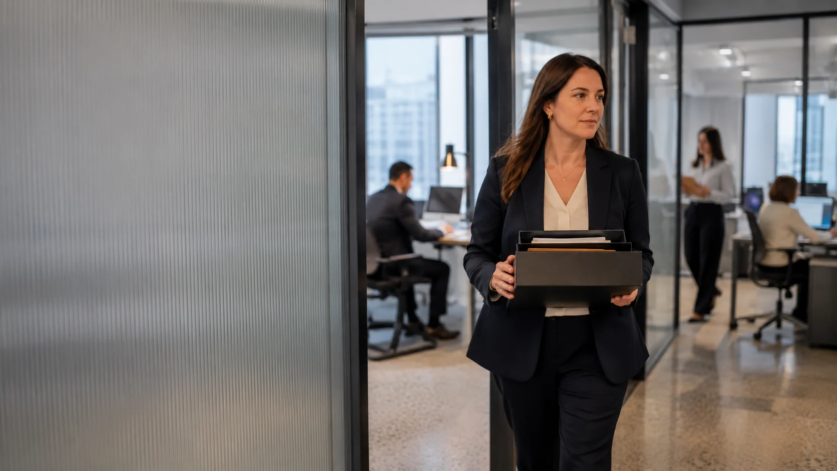 Legal operations manager securely transporting case files through a busy professional law office.