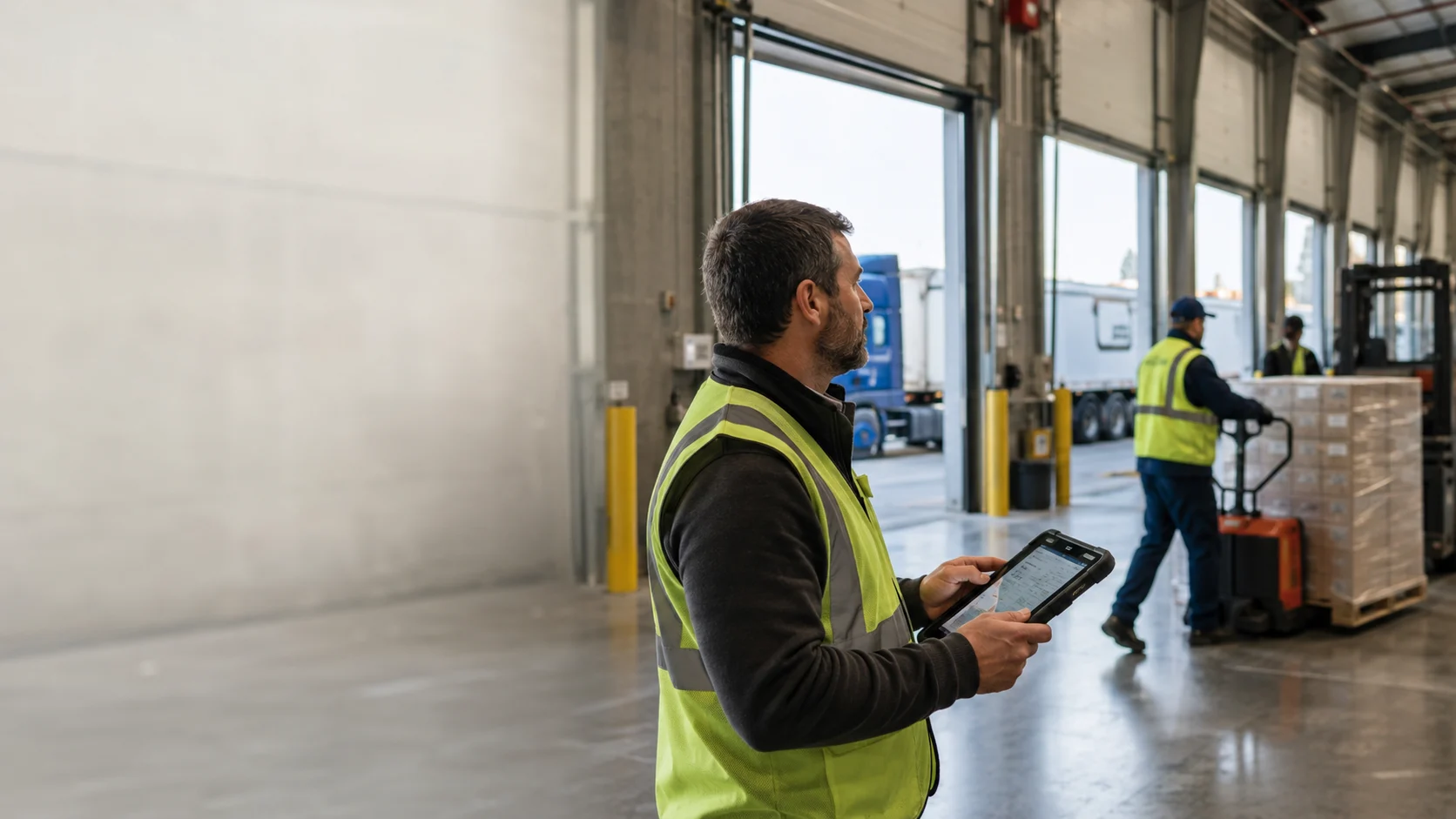 Logistics supervisor coordinating warehouse employees, freight, and loading-dock operations.