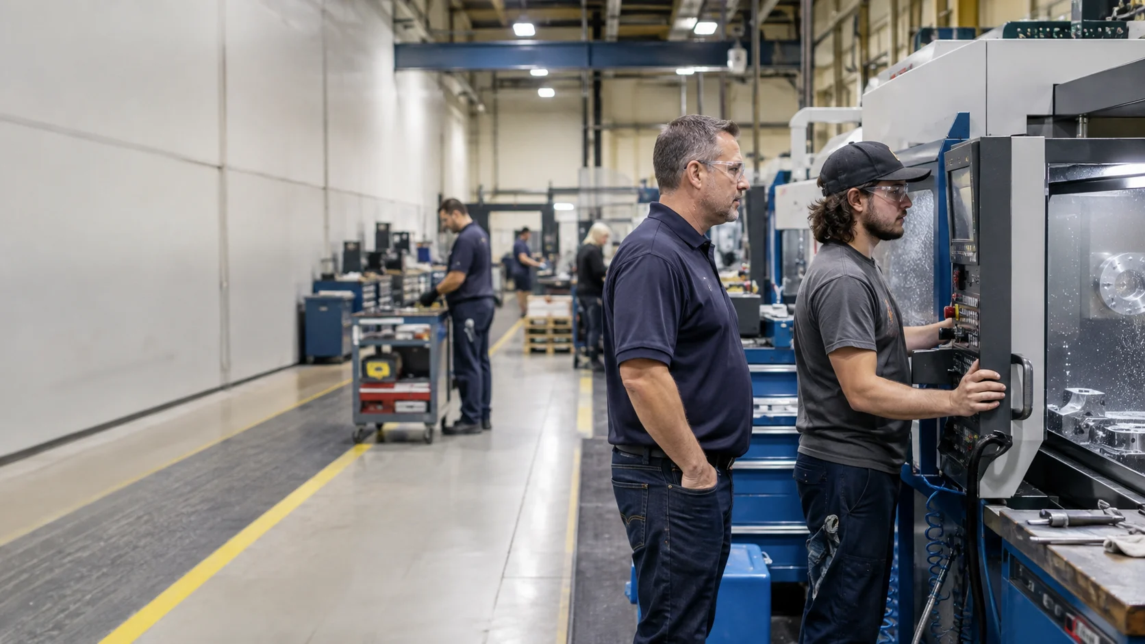 Manufacturing manager overseeing a skilled operator working at a precision production machine.