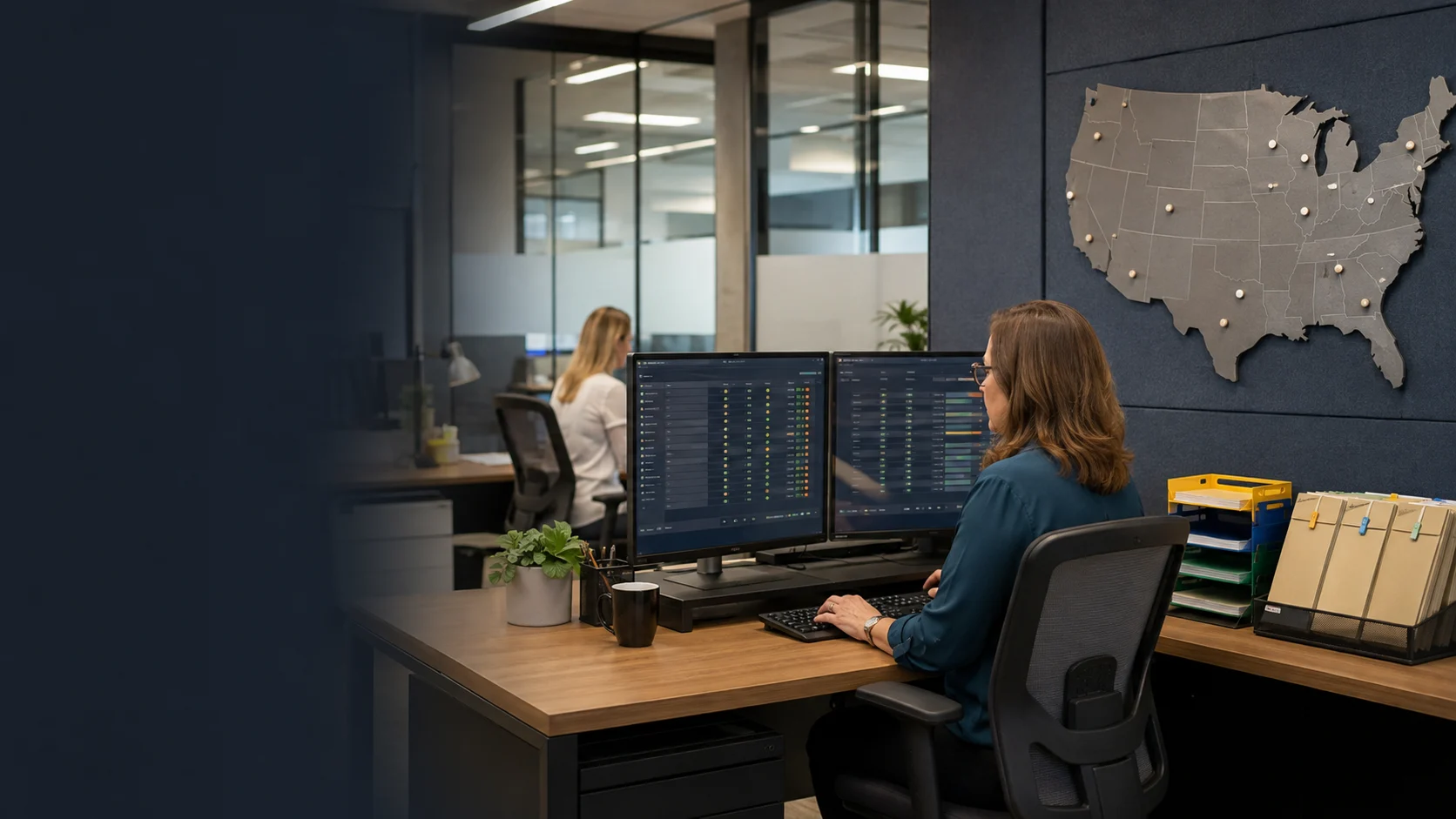 Payroll operations professional managing multi-state payroll and tax workflows in a secure commercial office.