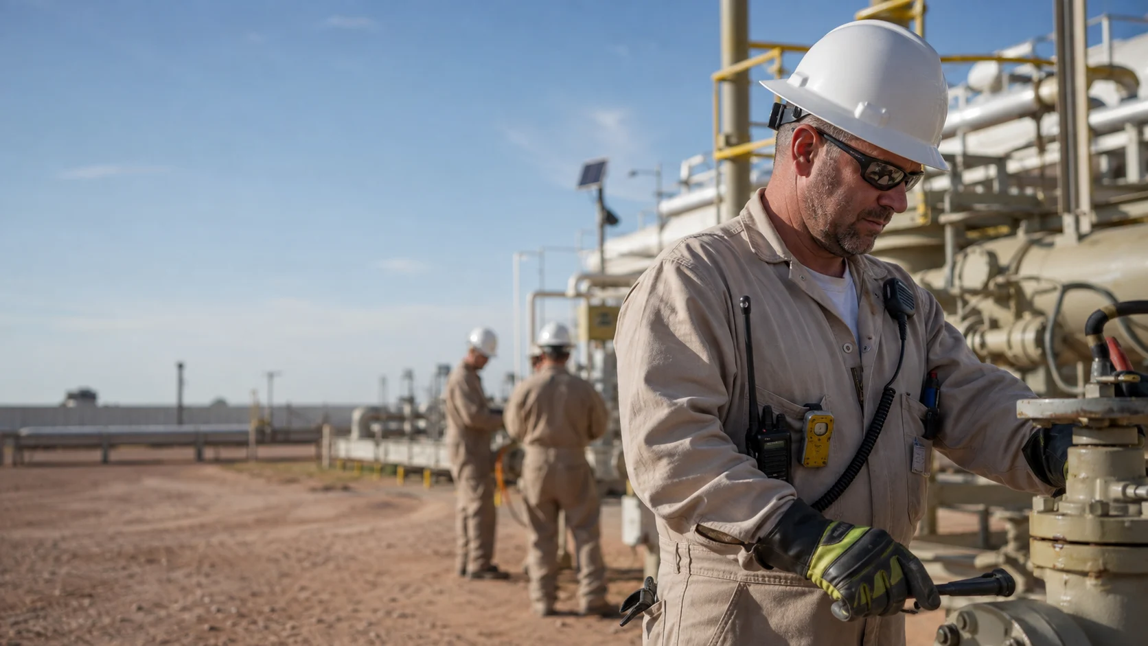 Oil and gas field supervisor conducting a safety inspection at a Texas processing facility.