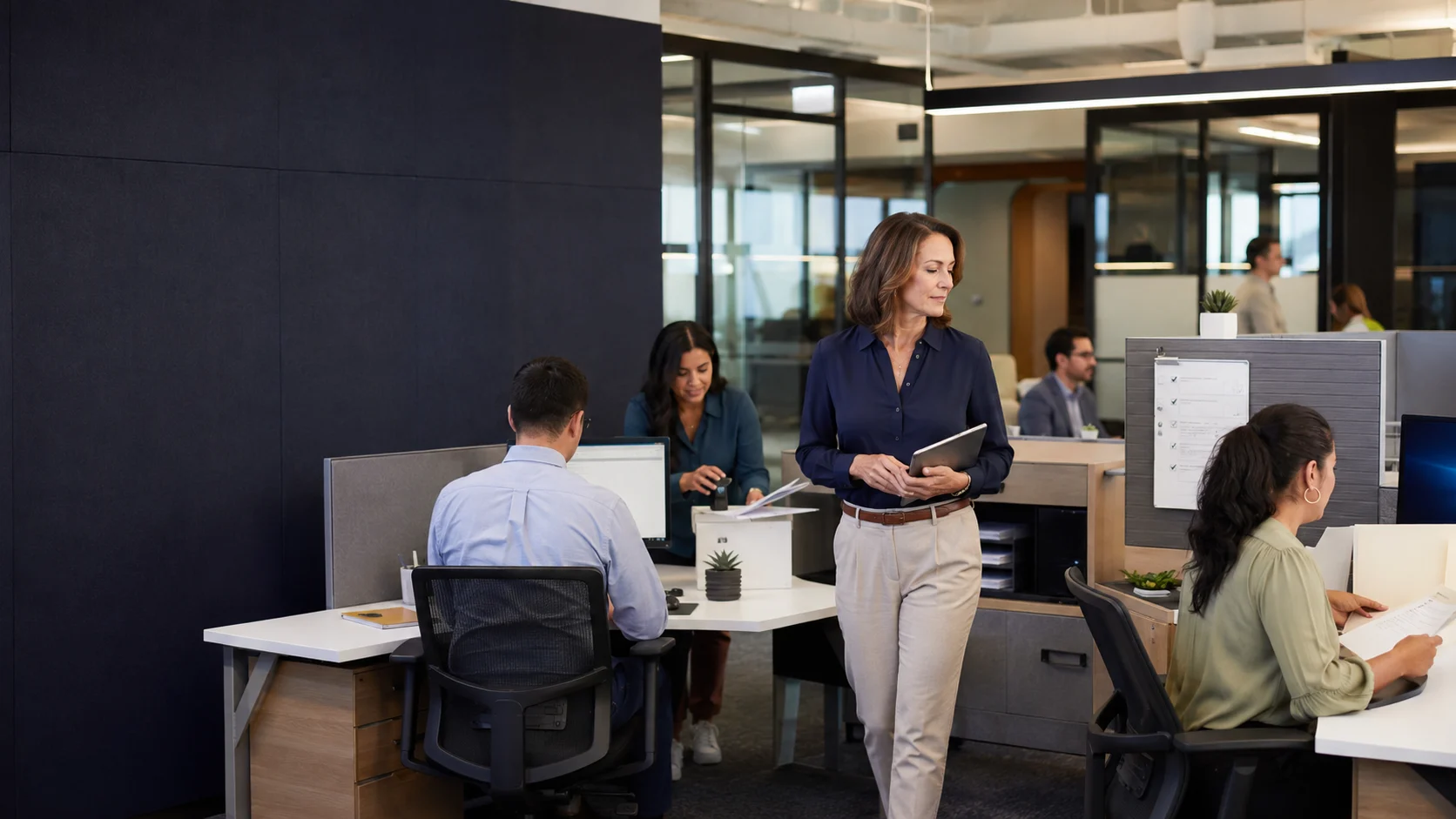 People operations team coordinating payroll, benefits, onboarding, and compliance in a professional office.