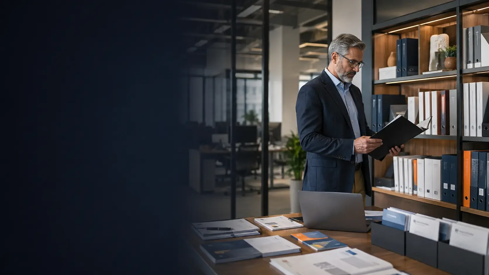 Business leader reviewing organized PEO guides, compliance references, and employer resources.