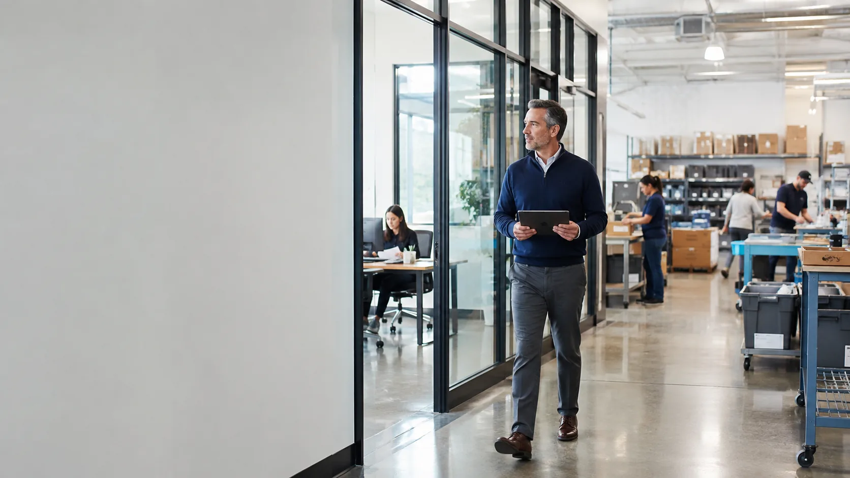 Business leader overseeing connected office and operational teams in a growing company.