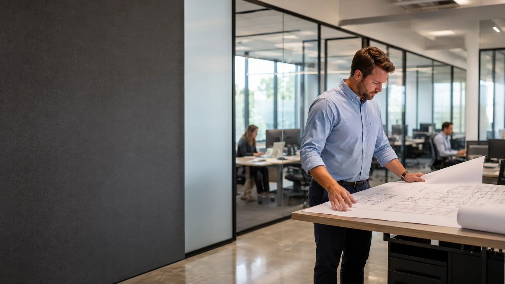 Professional services project leader reviewing technical plans in a modern commercial office.