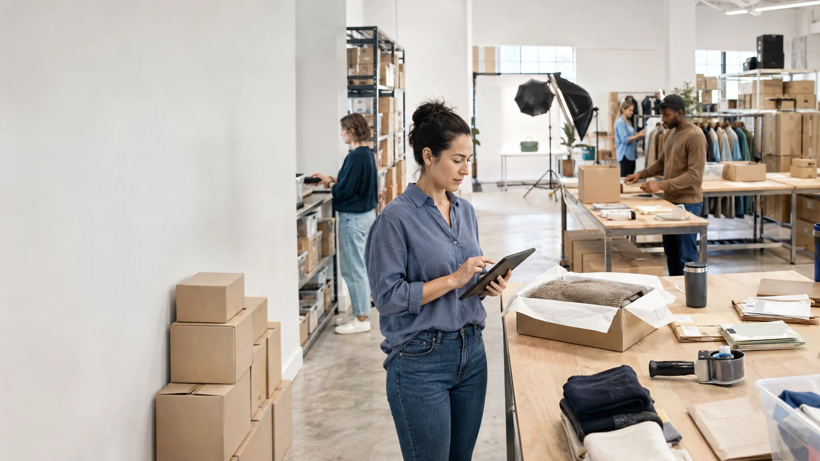E-commerce operations team processing and packing customer orders in a growing fulfillment studio.