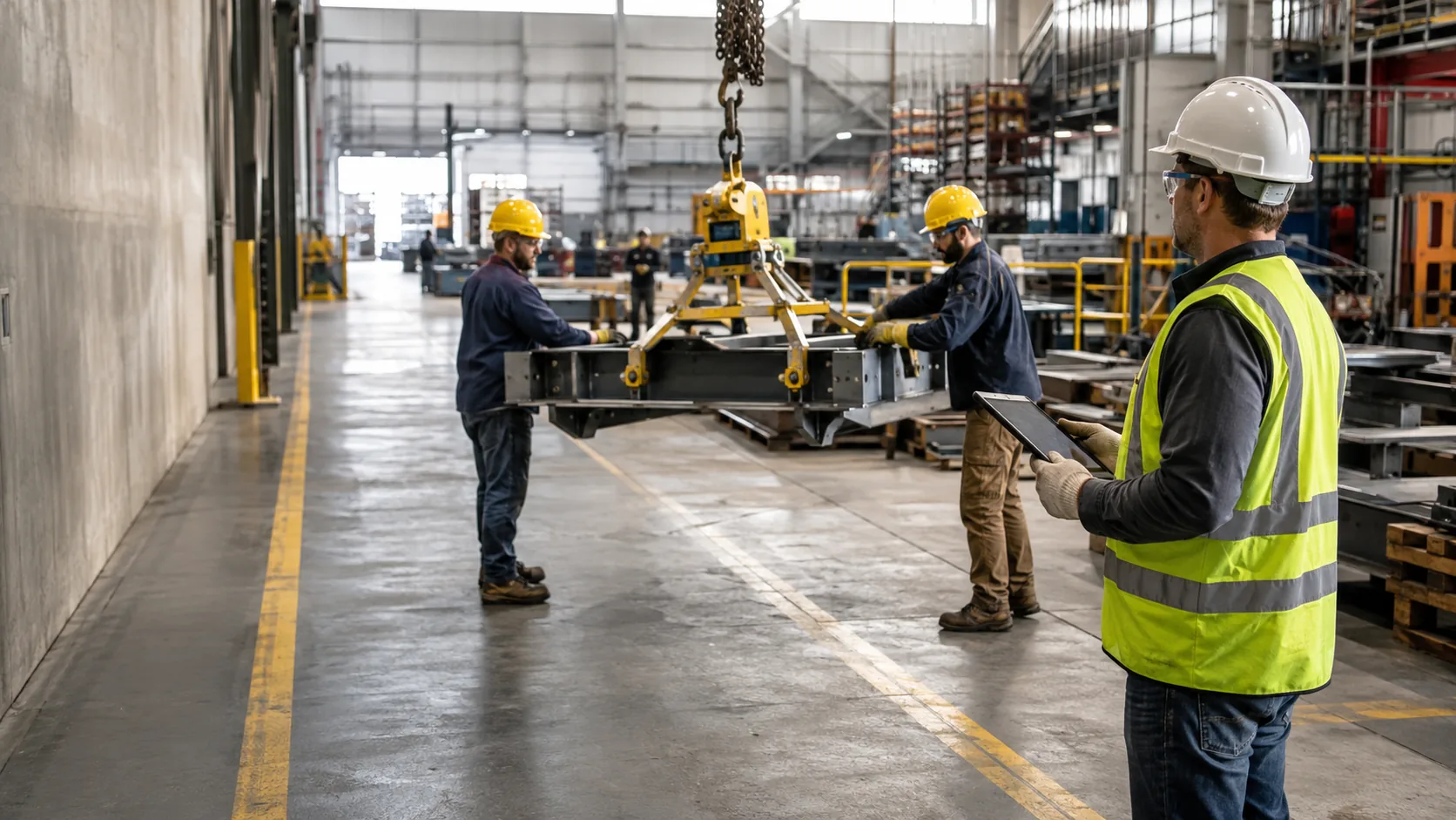 Safety manager monitoring employees using lift equipment correctly in an active industrial workplace.