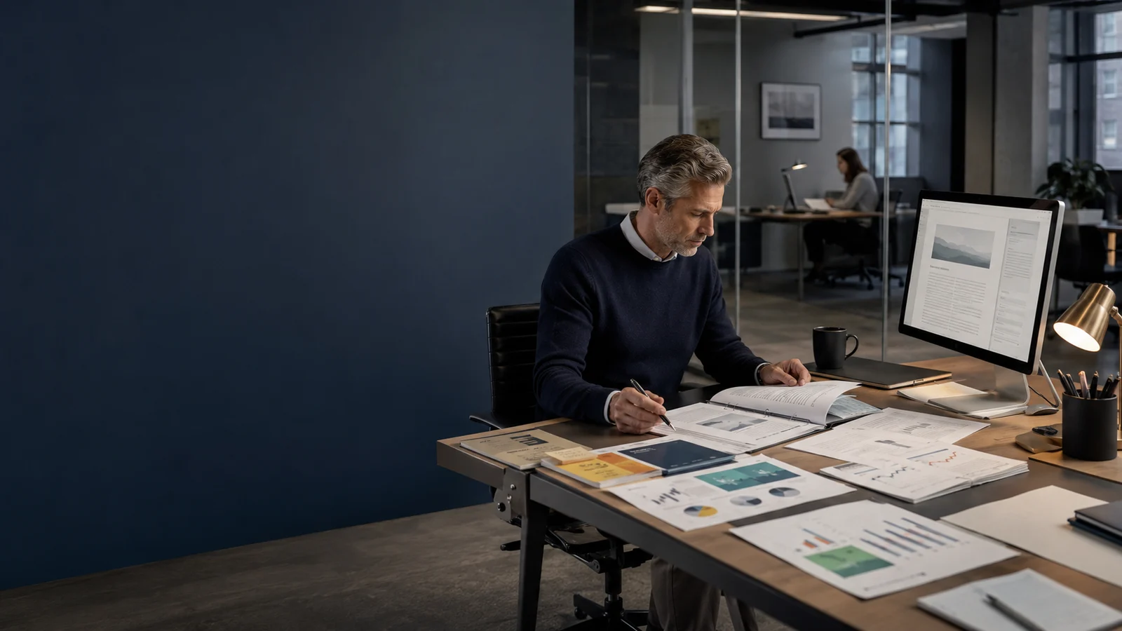 PEO subject-matter editor researching costs, compliance, benefits, and provider comparisons in a professional office.