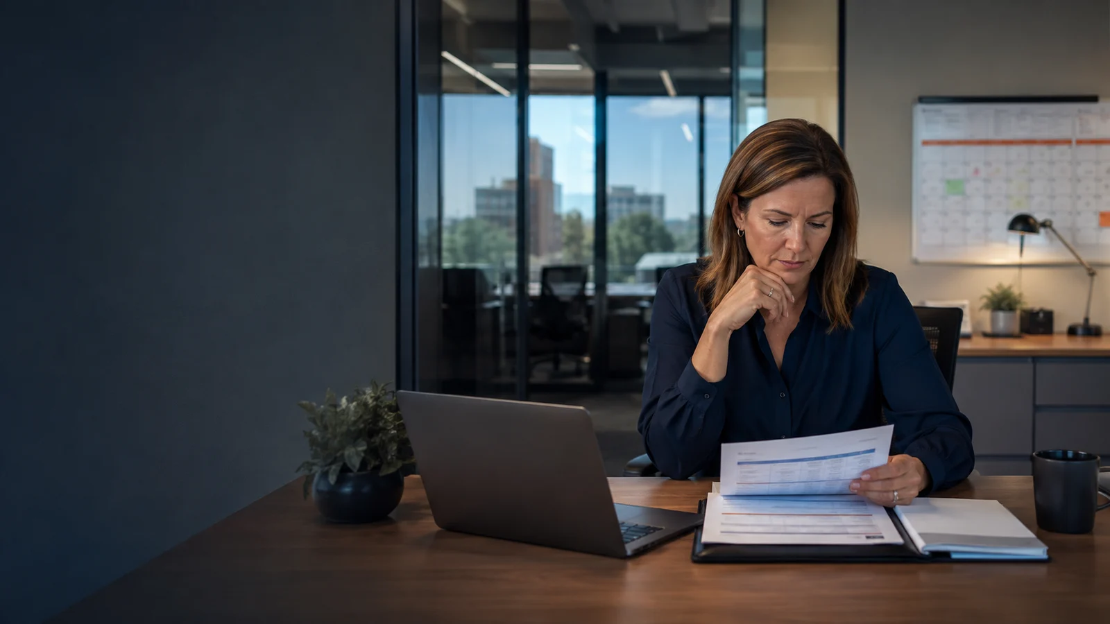 Business leader reviewing documents at a desk with a laptop and planning calendar.