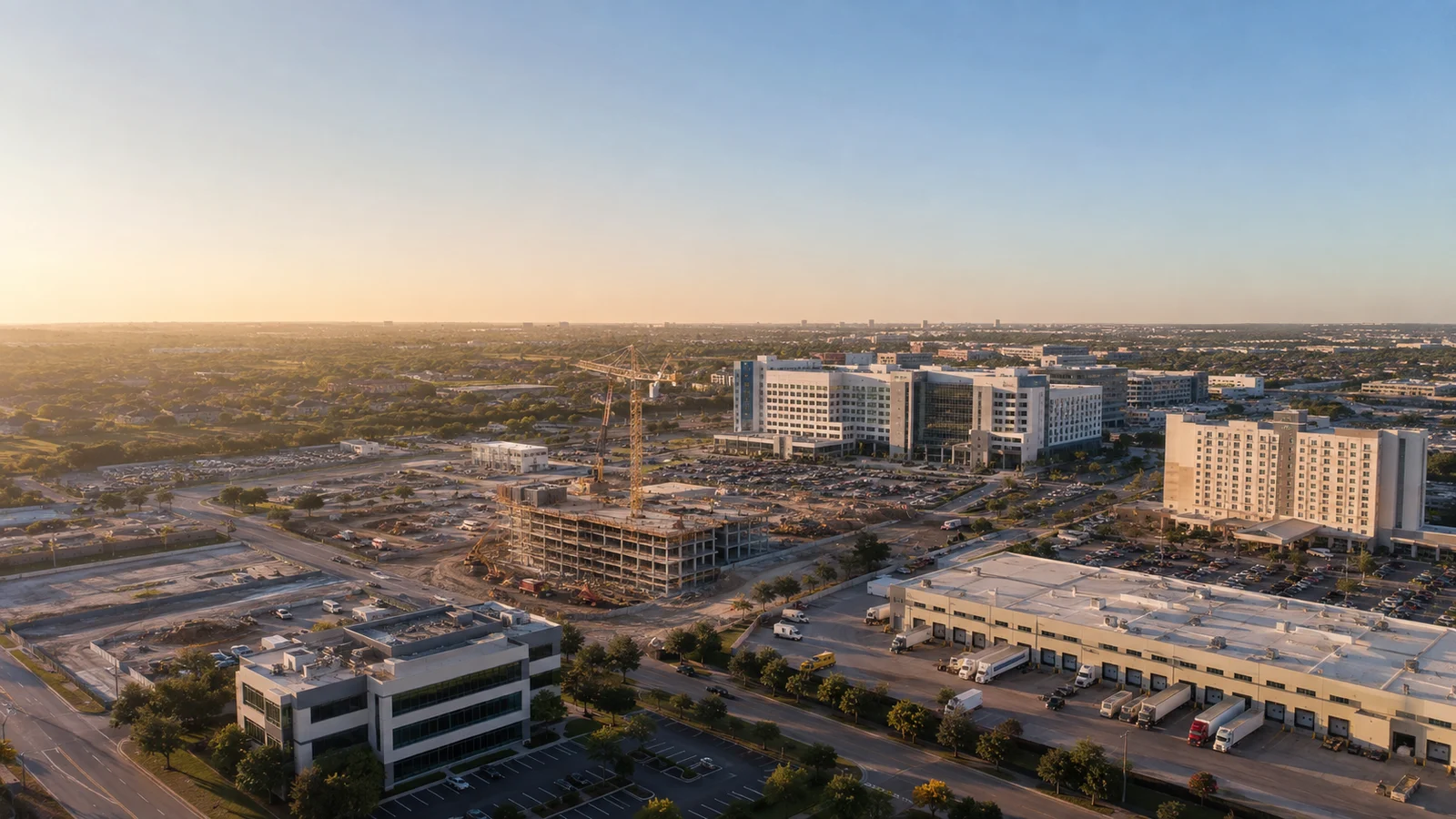 Commercial district representing healthcare, construction, hospitality, manufacturing, logistics, and professional services.