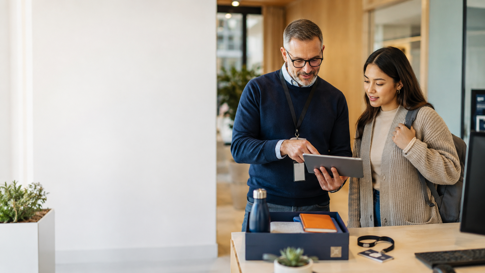 Manager guiding a new employee through workplace onboarding materials.