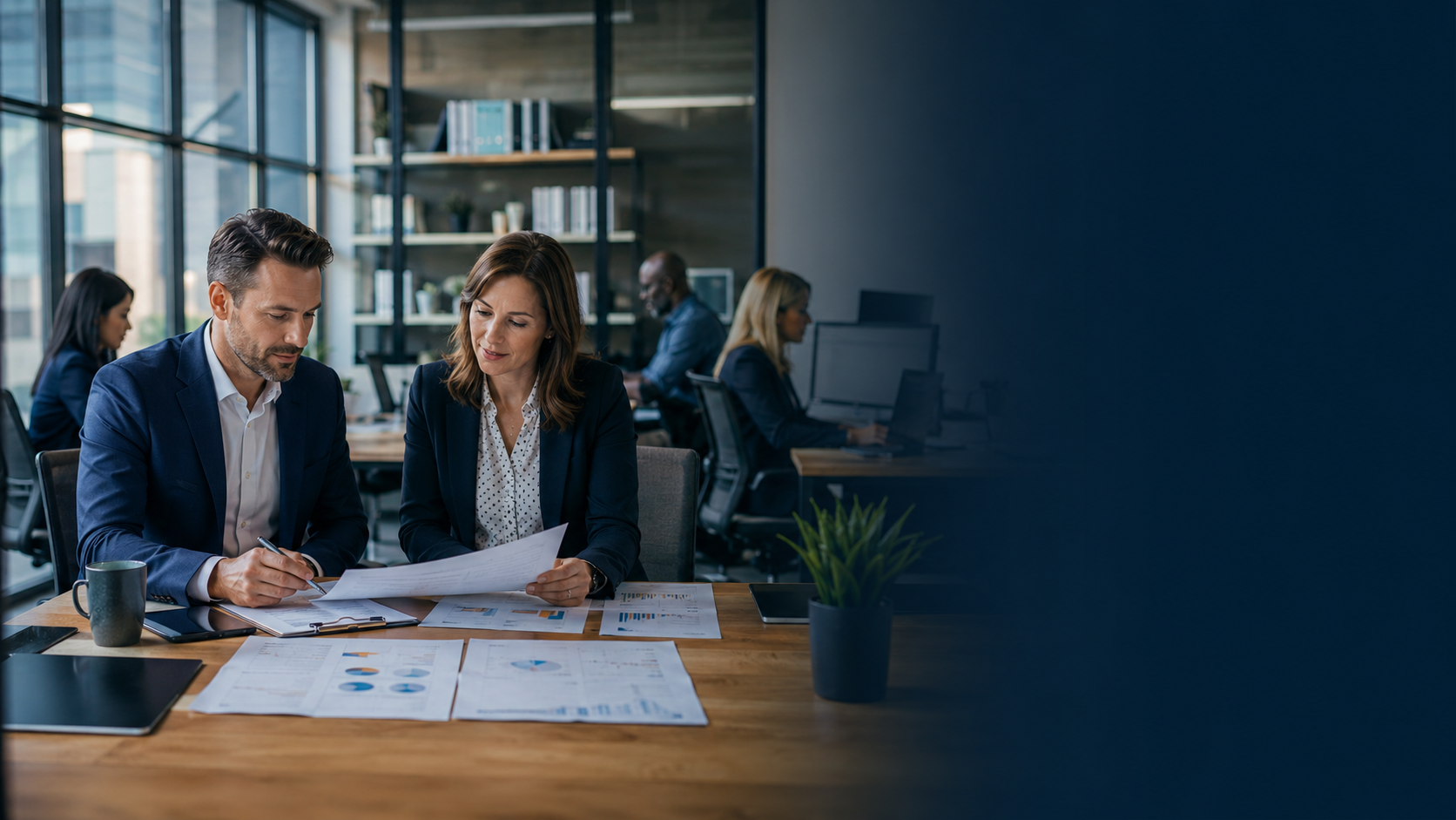 Business professionals reviewing HR outsourcing service documents in an office.