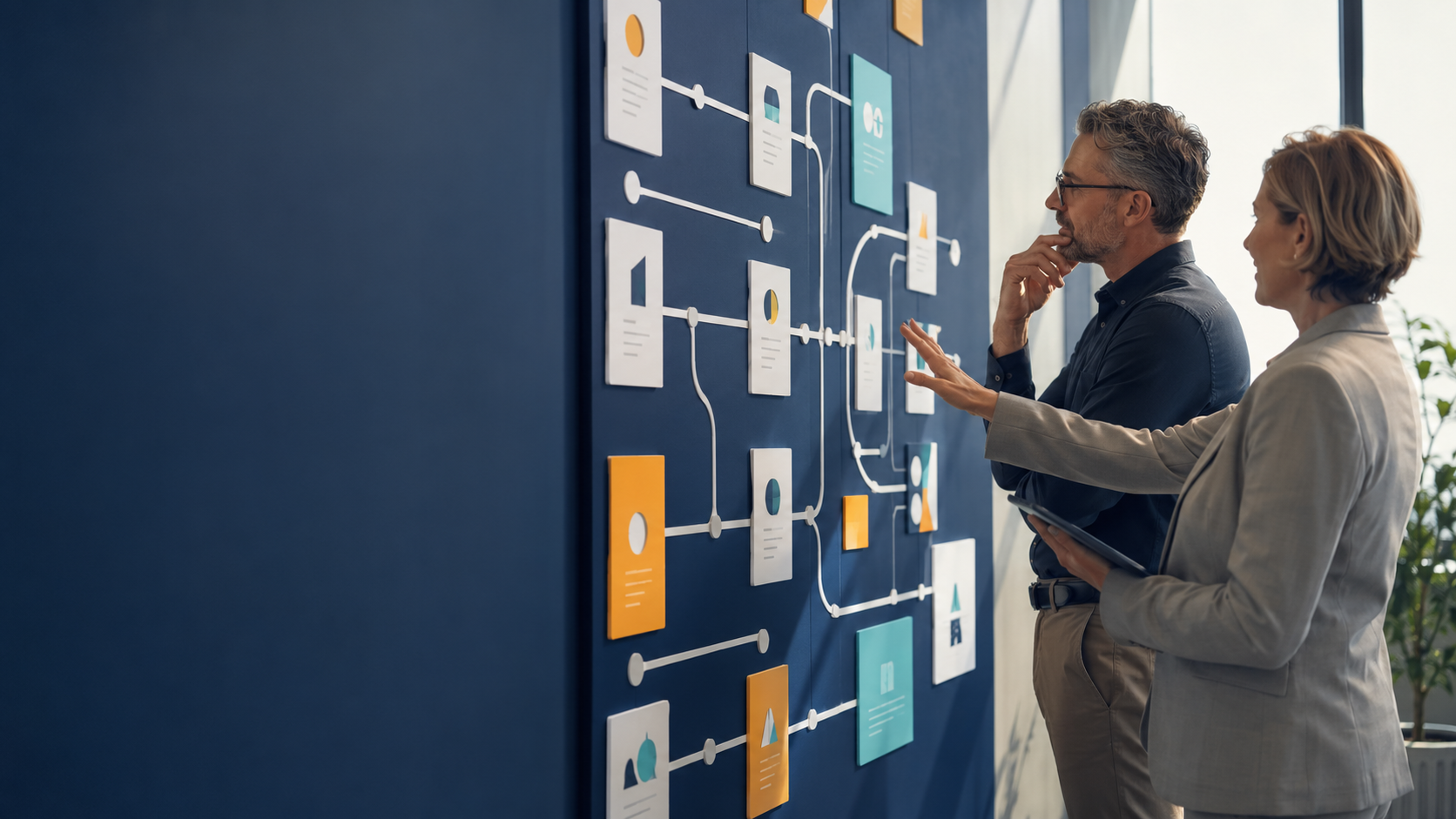 Business leaders reviewing a PEO provider comparison board.