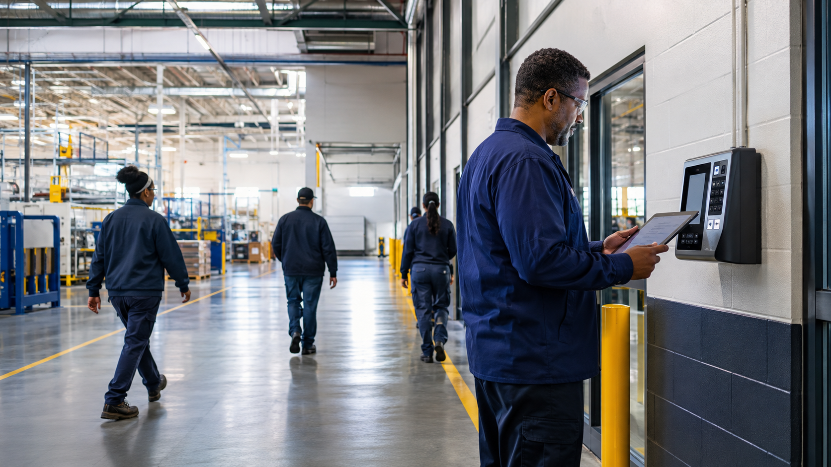 Employee using a digital time clock in a manufacturing facility.