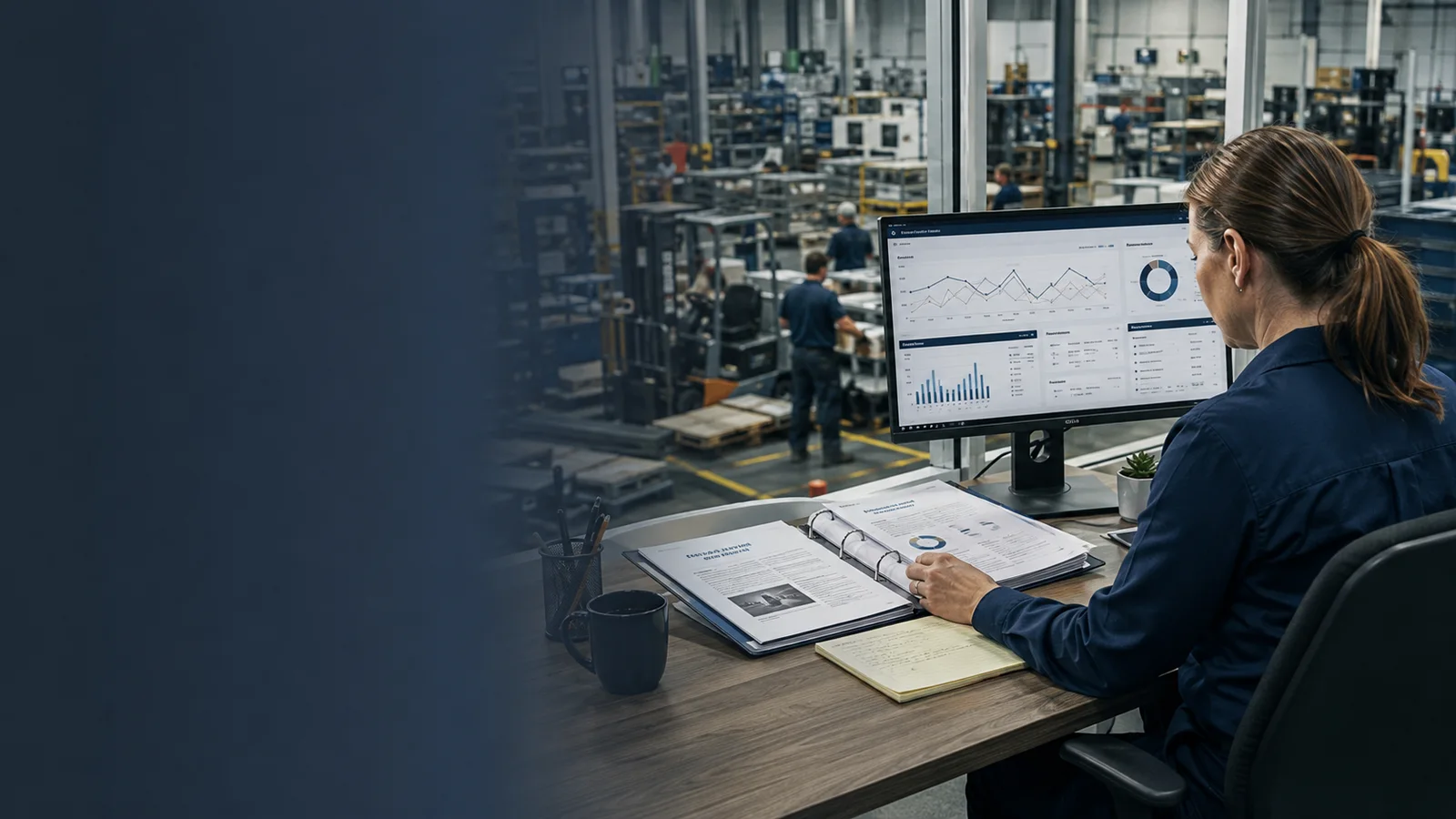 Safety professional reviewing workers’ compensation claims trends while overlooking an active workplace.